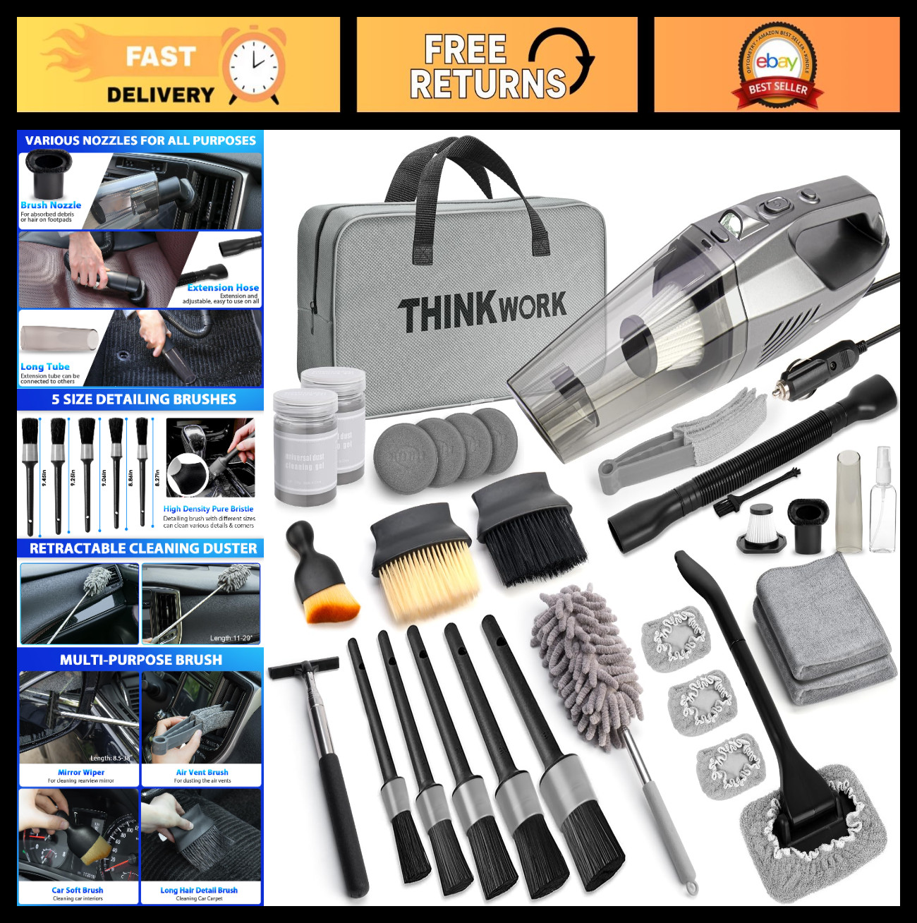 Car Cleaning Kit – High Power Handheld Vacuum, 10PC Detail Brushes & Storage Bag