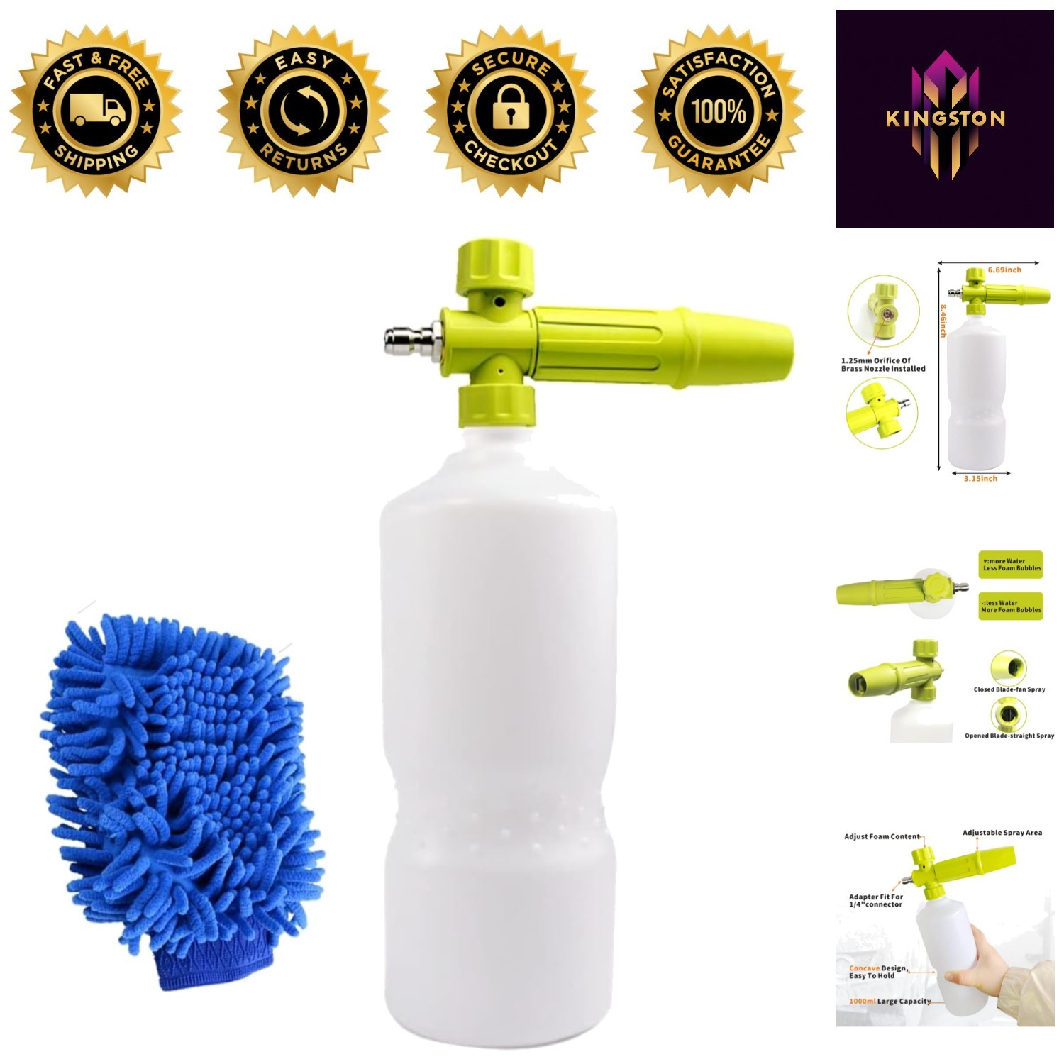 1 L Car Wash Foam Cannon with Quick Connector & Washing Mitt Included