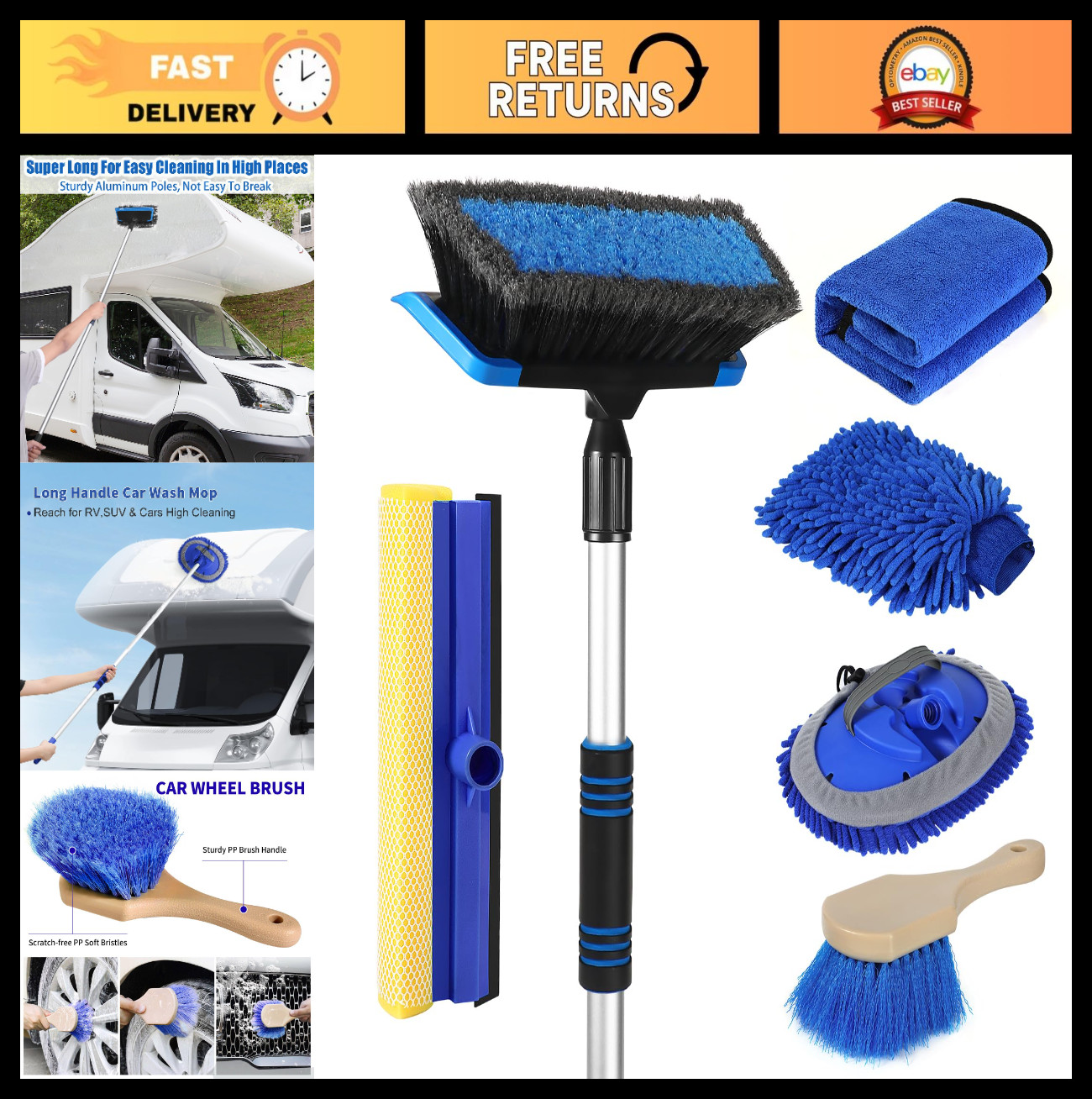 62” Car Wash Brush Kit – Long Handle, Soft Bristles, Scratch-Free Mop, Mitt, Sq