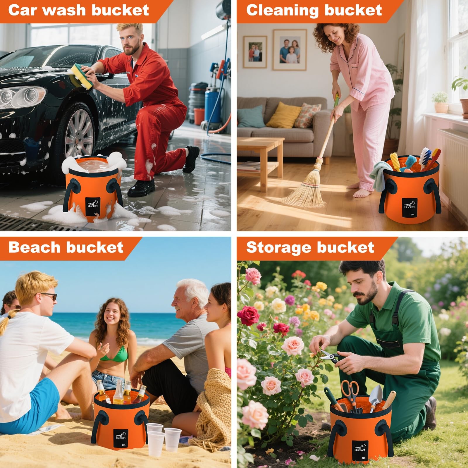 5 Gallon Bucket, Collapsible Bucket with Handle for Outdoor Beach 20L, Orange