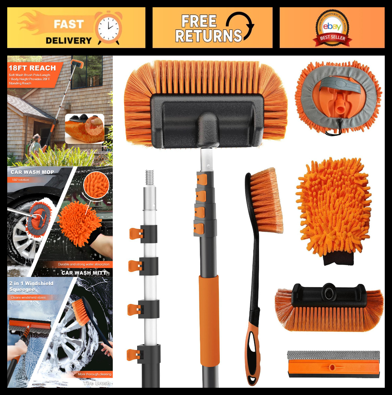 18FT Car Wash Brush Kit – Long Handle, 3-12FT Extension Pole, Wheel Brush, Micro