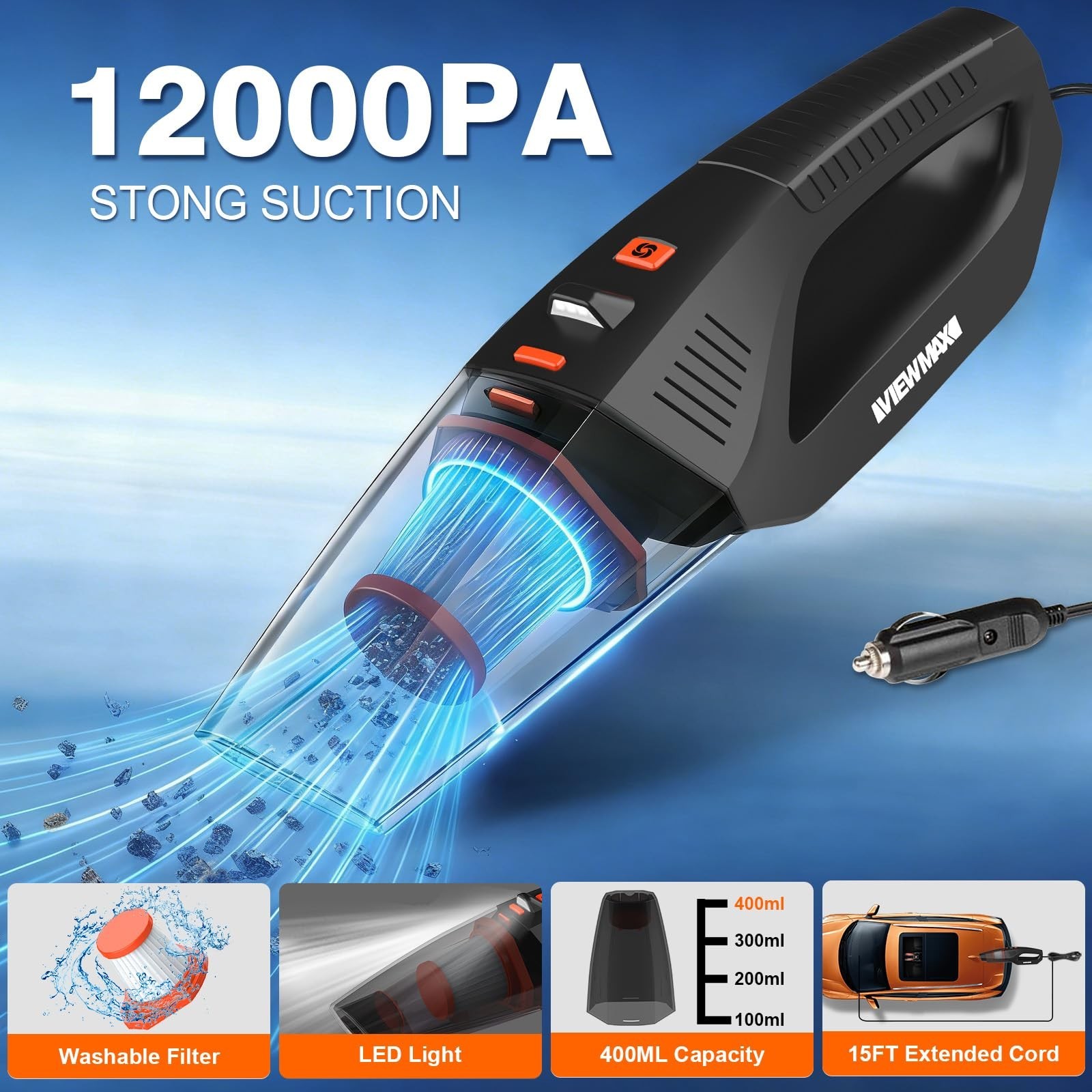 19-Piece Car Cleaning Kit, 12000PA Handheld Vacuum, Detailing Brushes & Gel, Sto