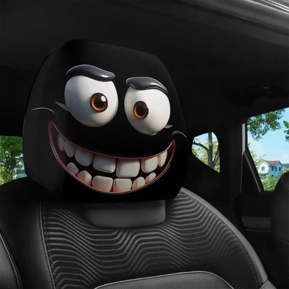2pcs Funny Big-Eyed Cartoon Print Car Headrest Cover Interior Auto Protector