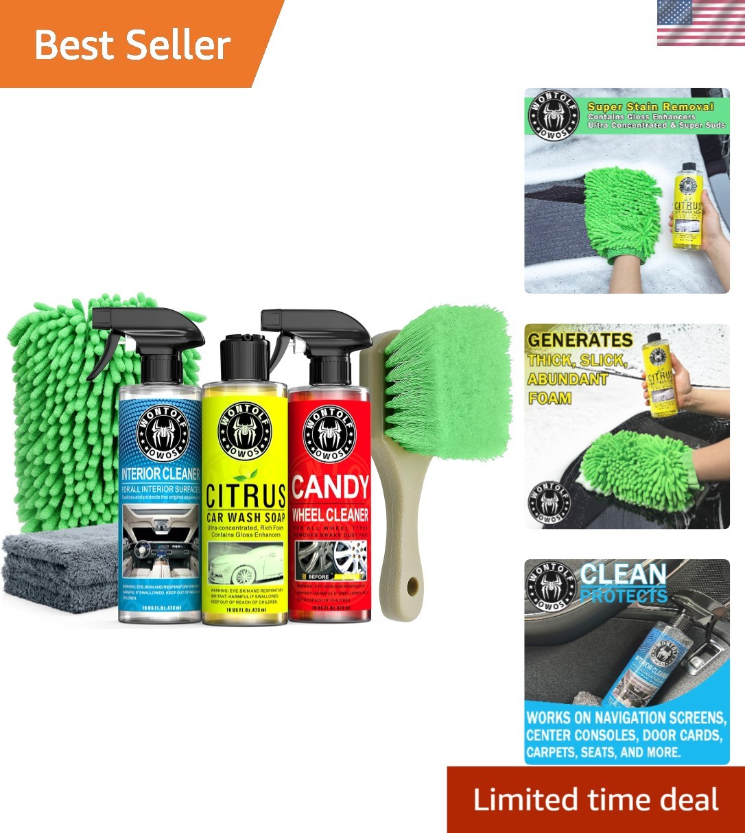 All-in-One Car Wash Kit – Citrus Soap, Interior Cleaner & Wheel Brush