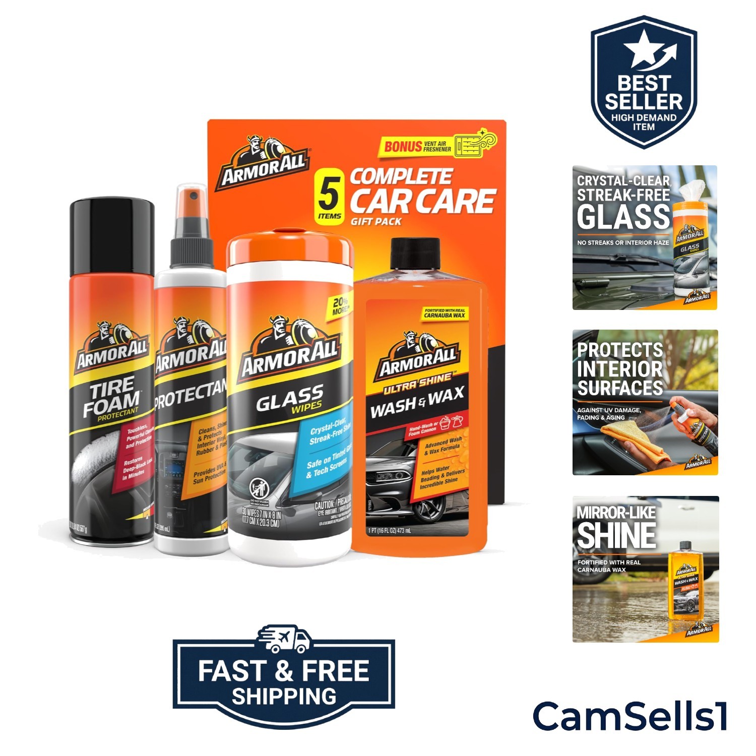 Car Cleaning Kit, Glass Wipes, Protectant, Wash & Wax, Tire Foam | 4-piece ca…