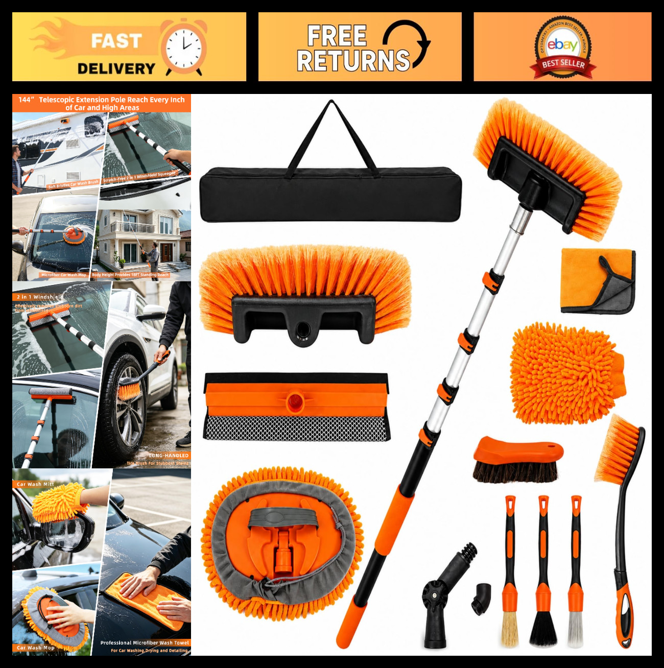 12FT Car Wash Brush Kit – Soft Bristle, Long Handle, Wheel & Tire Cleaner, Micro