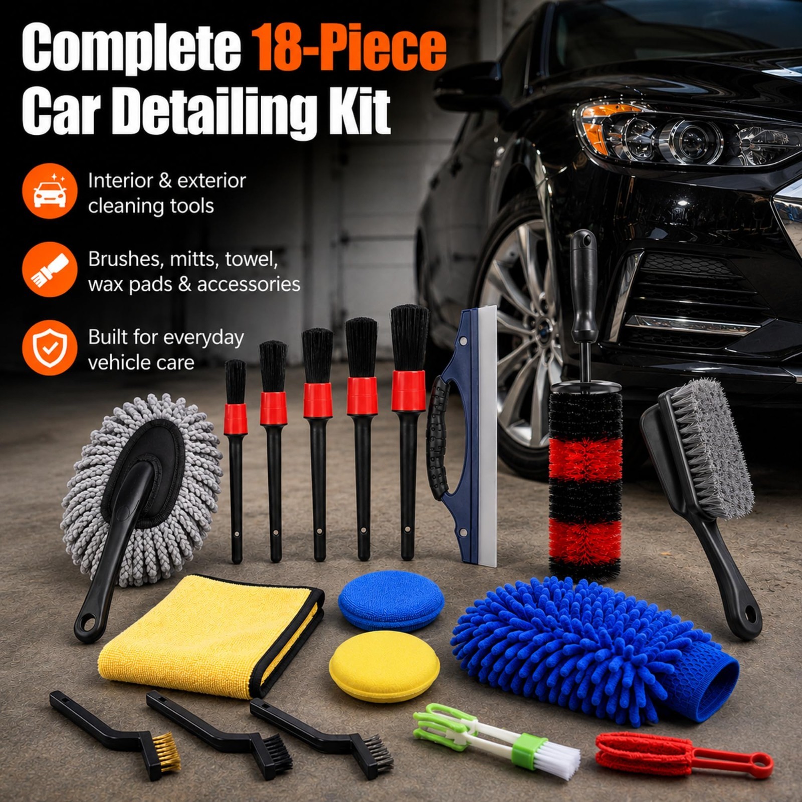 18-Piece Complete Car Detailing Kit – Interior & Exterior Cleaning Set, Brushes