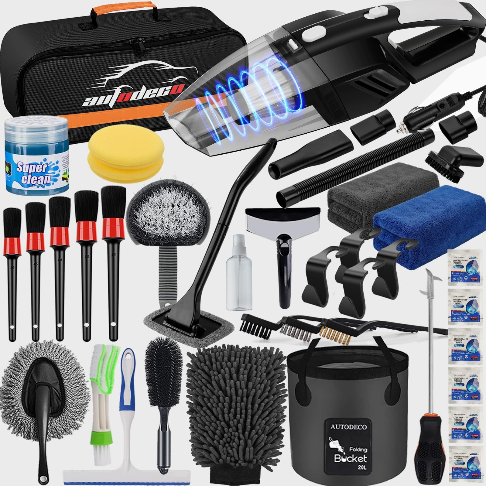 41Pcs Car Cleaning Kit – High Power Vacuum, Collapsible Bucket, Detailing Tools