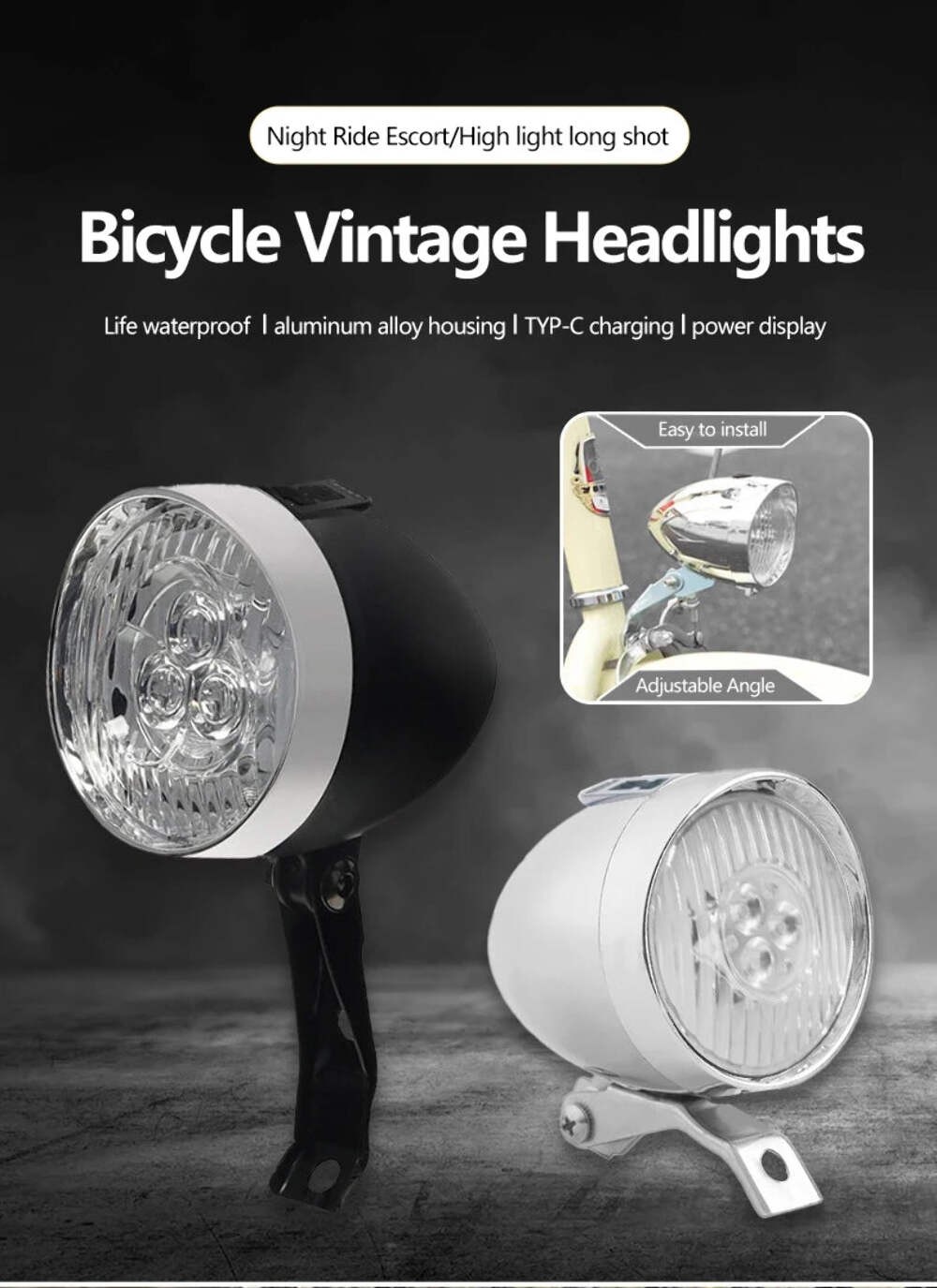 Retro Bike Headlight Type-C Rechargeable Classic Mountain Bicycle Front Light 3