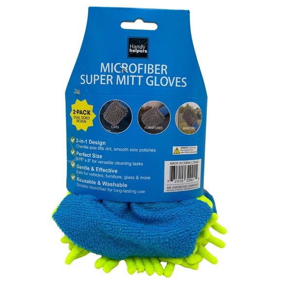 2 Pack Dual-Sided Microfiber Mitt Gloves Grey+Yellow Color-Coded Car Wash Polish