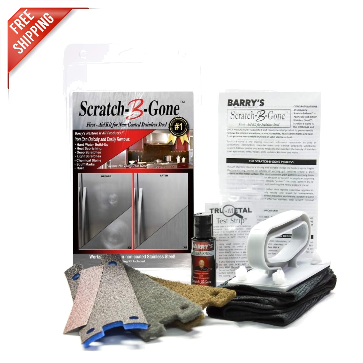 Complete Scratch-B-Gone Kit with Tru-Metal Strip for Stainless Steel Care