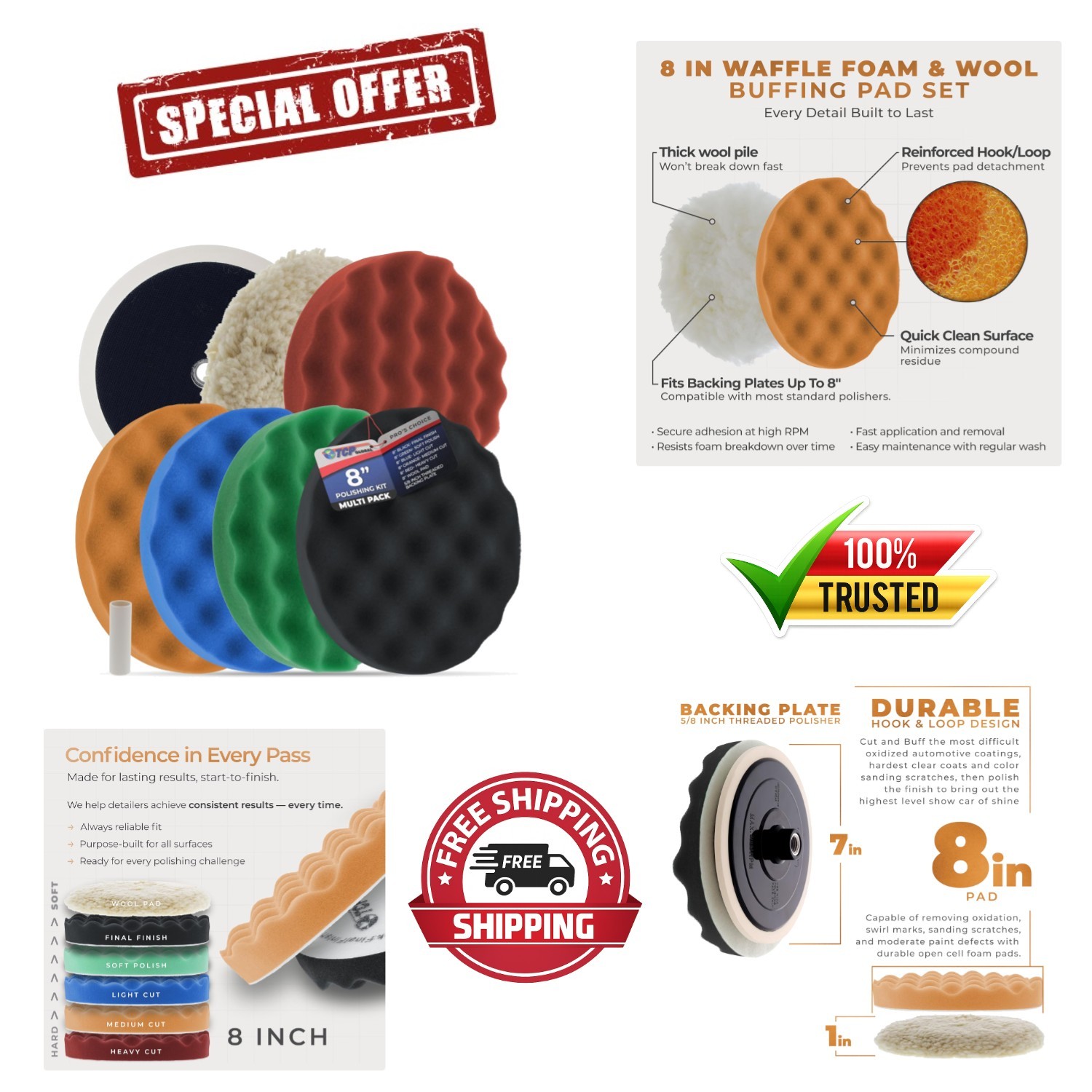 Complete Buffing & Polishing Set with 5 Foam Pads & Wool Grip for Optimal Shine