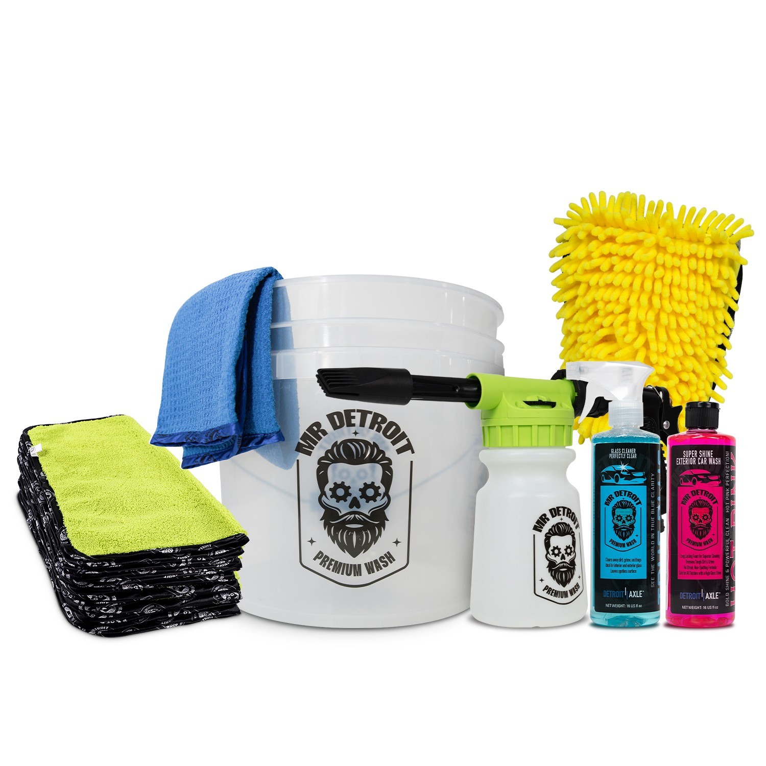 Mr. Detroit – 7pc Car Wash Kit w/Foam Blaster, 16oz Soap, Towels, Bucket & More
