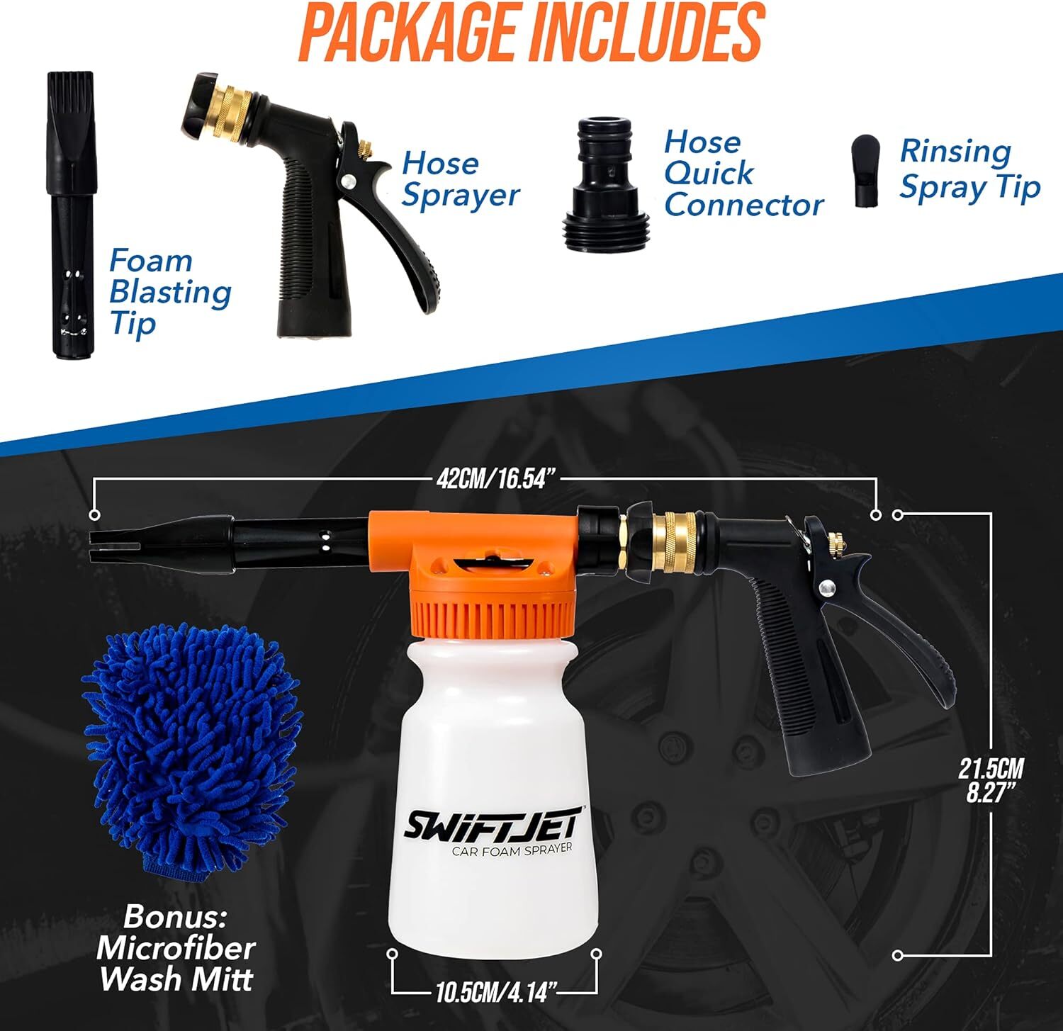 “SwiftJet Foam Gun & Wash Mitt – Car Wash Kit for Garden Hose – Orange Blaster”