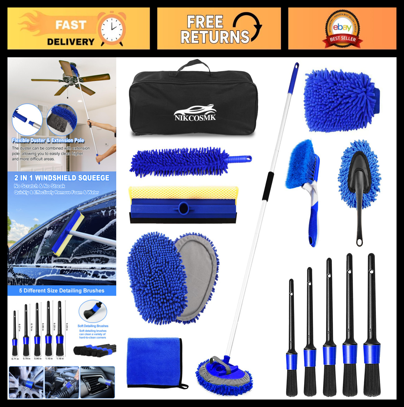 62” Car Wash Brush Kit with Long Handle, Chenille Head, Squeegee & Detailing To
