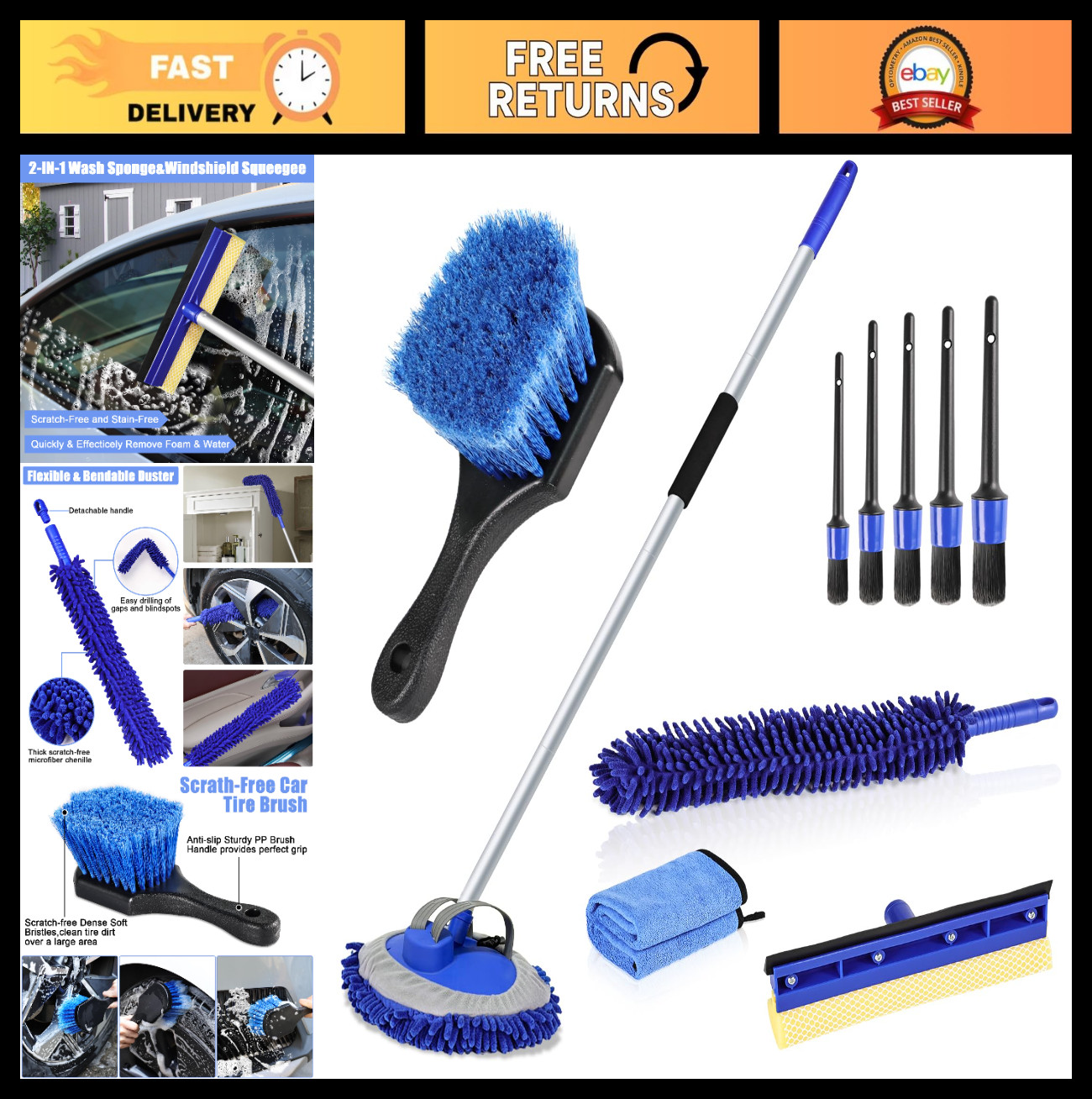 62″ Microfiber Car Wash Brush Set – Long Handle, Mitt, Sponge & Duster Kit