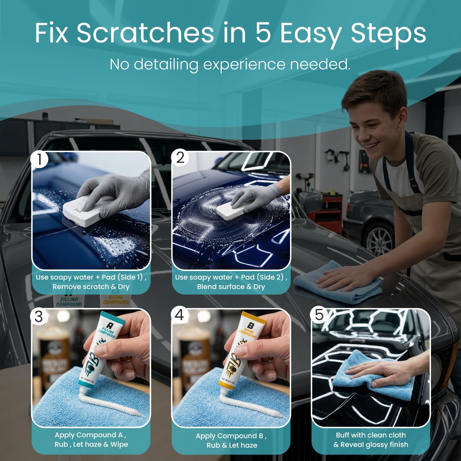 Car Scratch Remover Kit – Clear Coat Repair, Wax Removal, Buffing Pad & Polish C