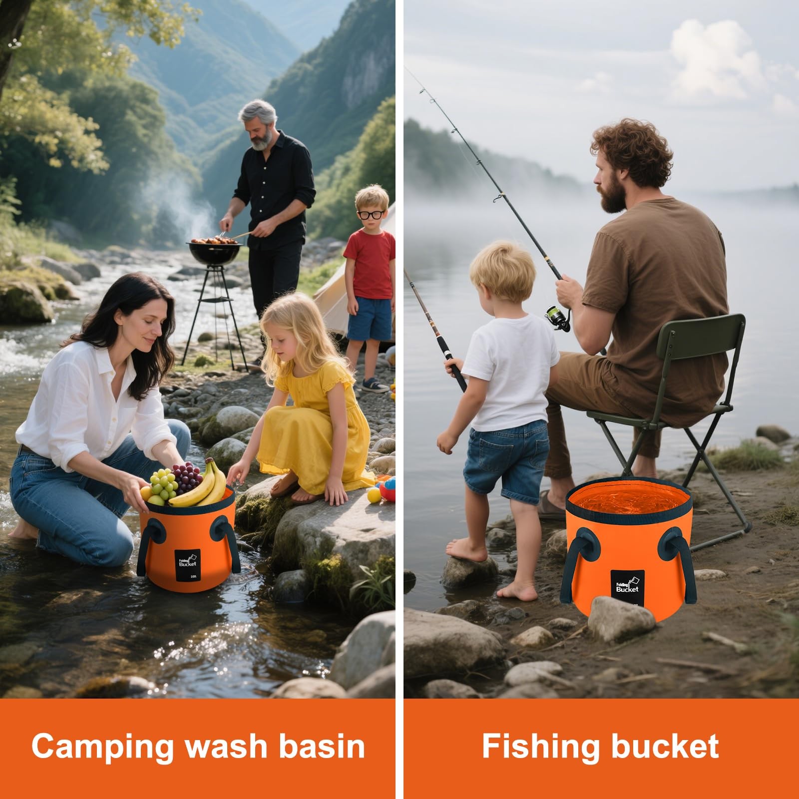 5 Gallon Bucket, Collapsible Bucket with Handle for Outdoor Beach 20L, Orange