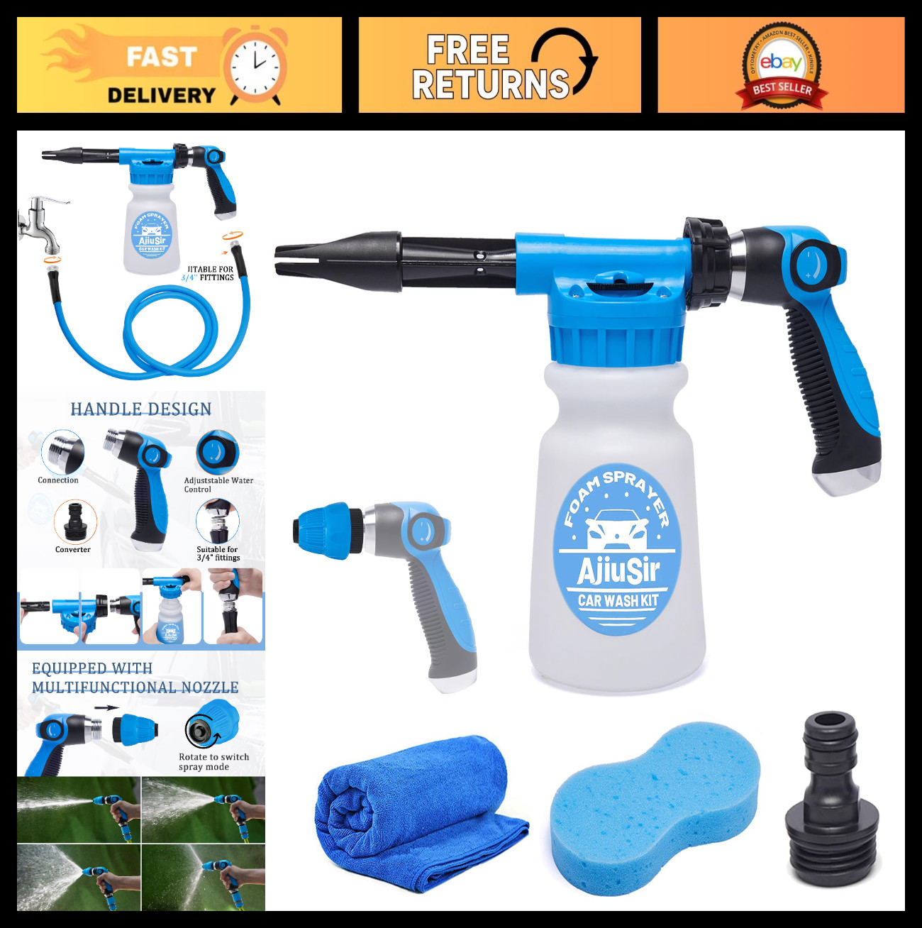 Foam Gun Car Wash Kit with Sprayer, Sponge & Towel – Hose Nozzle Foam Cannon for