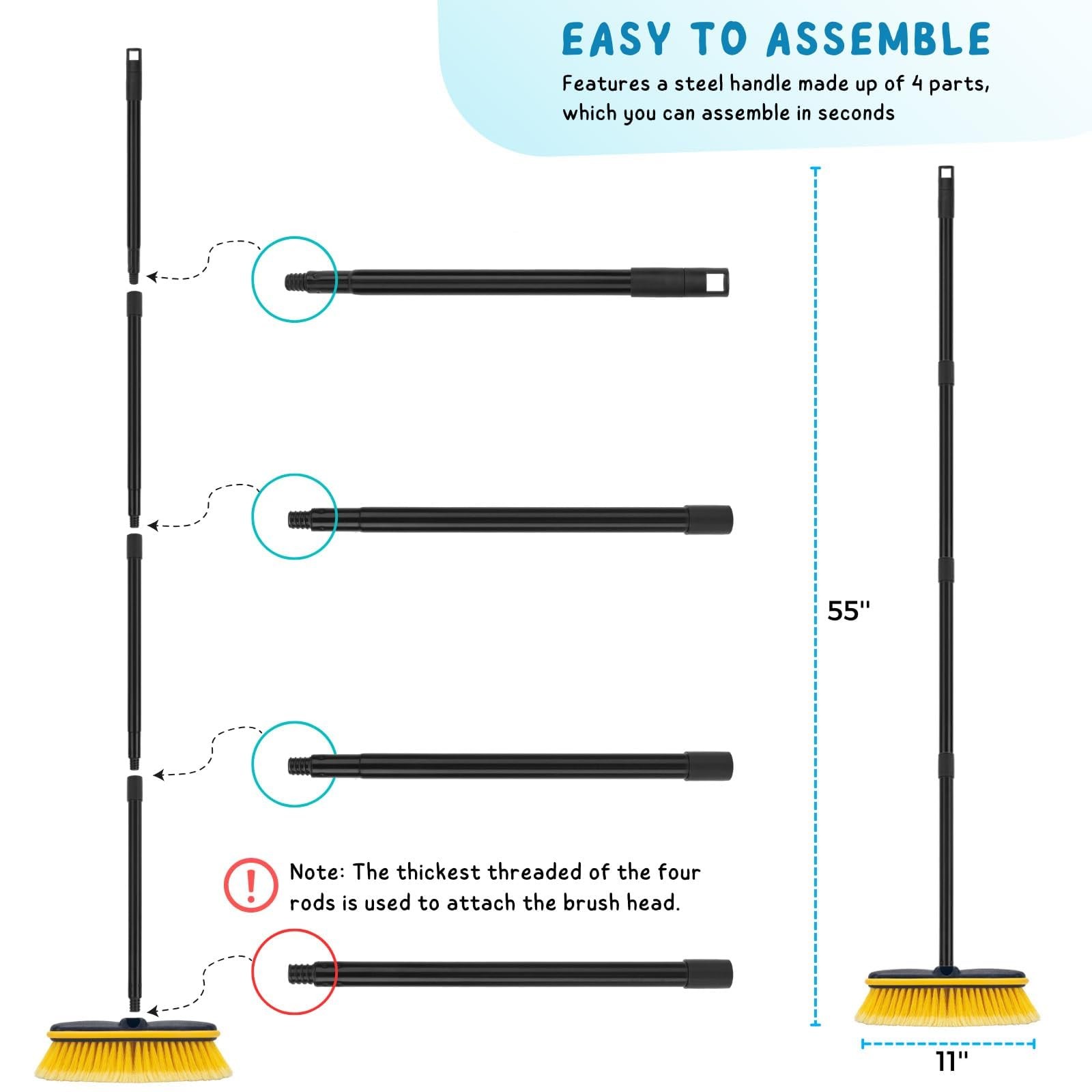 Car Wash Brush with Long Handle, 55” Vehicles Exterior Washing 55”, Yellow