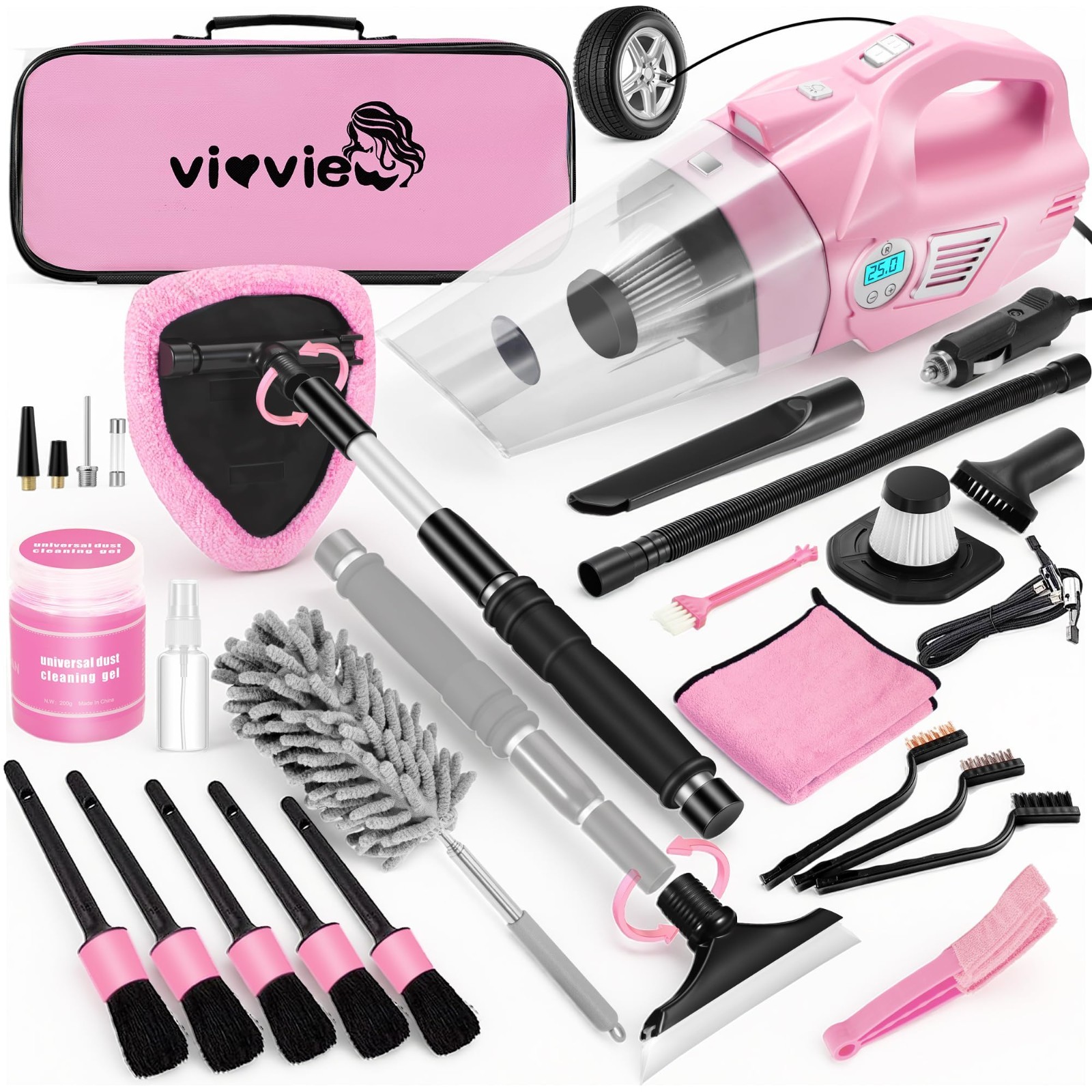 25Pcs Pink Car Cleaning Kit – 4-in-1 Vacuum, Detailing Brushes & Windshield Tool