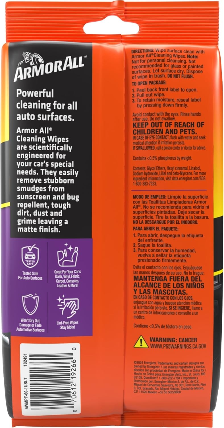 Armor All Interior Car Cleaning Wipes, Car Wipes for Dirt, 60 Count Each, 6 Pack