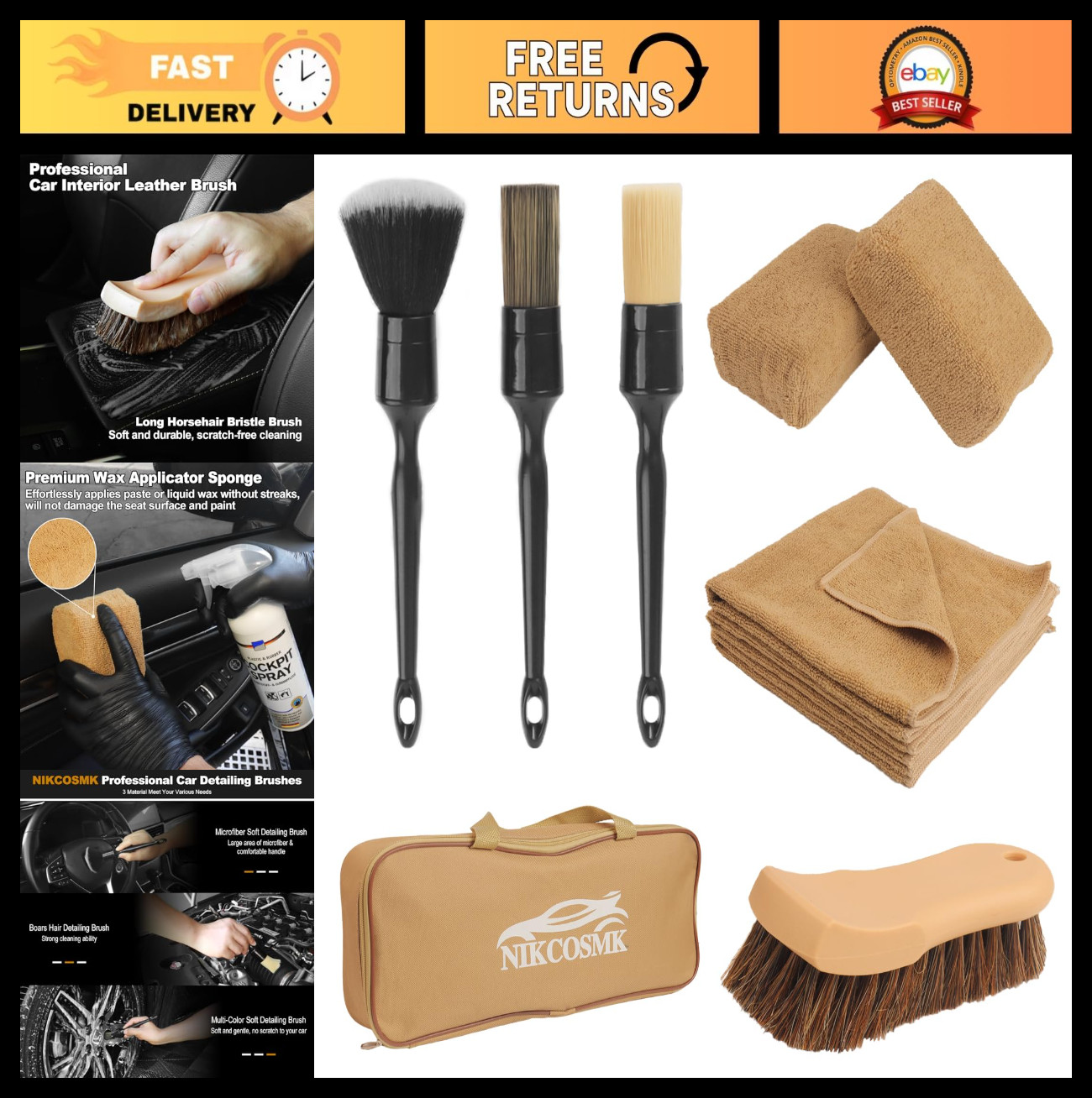 10PCS Car Detailing Kit – Interior Cleaner Brushes, Microfiber Cloths & Applicat
