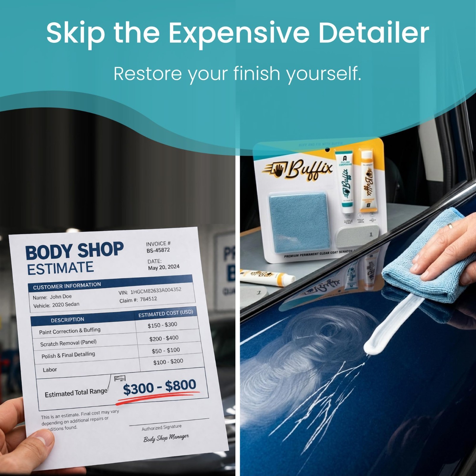 Car Scratch Remover Kit – Clear Coat Repair, Wax Removal, Buffing Pad & Polish C