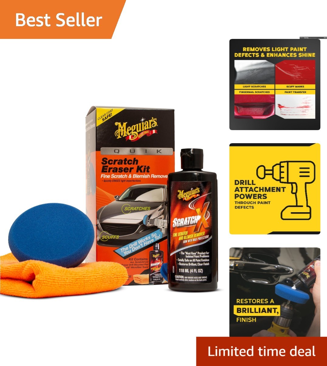 Clear Coat Safe Car Scratch Repair Kit with Microfiber Towel & Drill Attachment