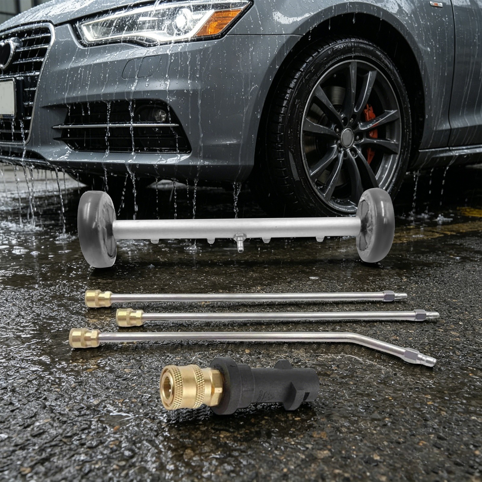 2-in-1 Under Car Cleaning Tool With Wheels, High Pressure Water Spray Broom