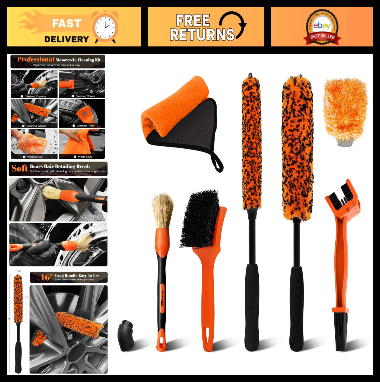7PCS Motorcycle Cleaning Kit – Bendable Wheel Brushes, Tire & Chain Brush, Wash