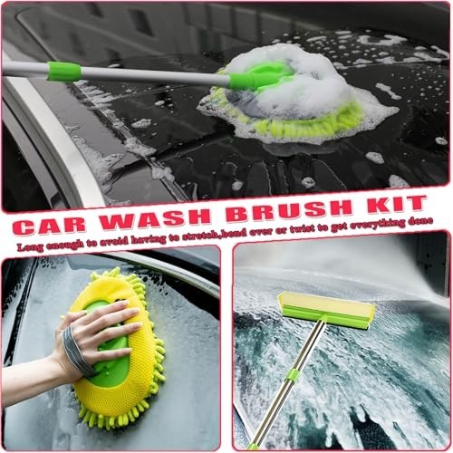 62″ Long Handle Car Wash Brush Kit – Microfiber, Tire Brush, Squeegee & Detailin