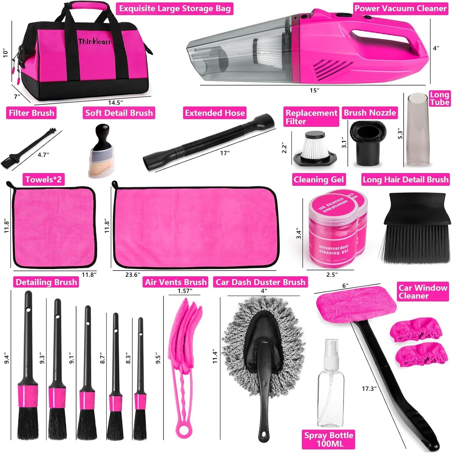 Luxury Pink Handheld Car Vacuum with Detailing Brushes – Complete Cleaning Set