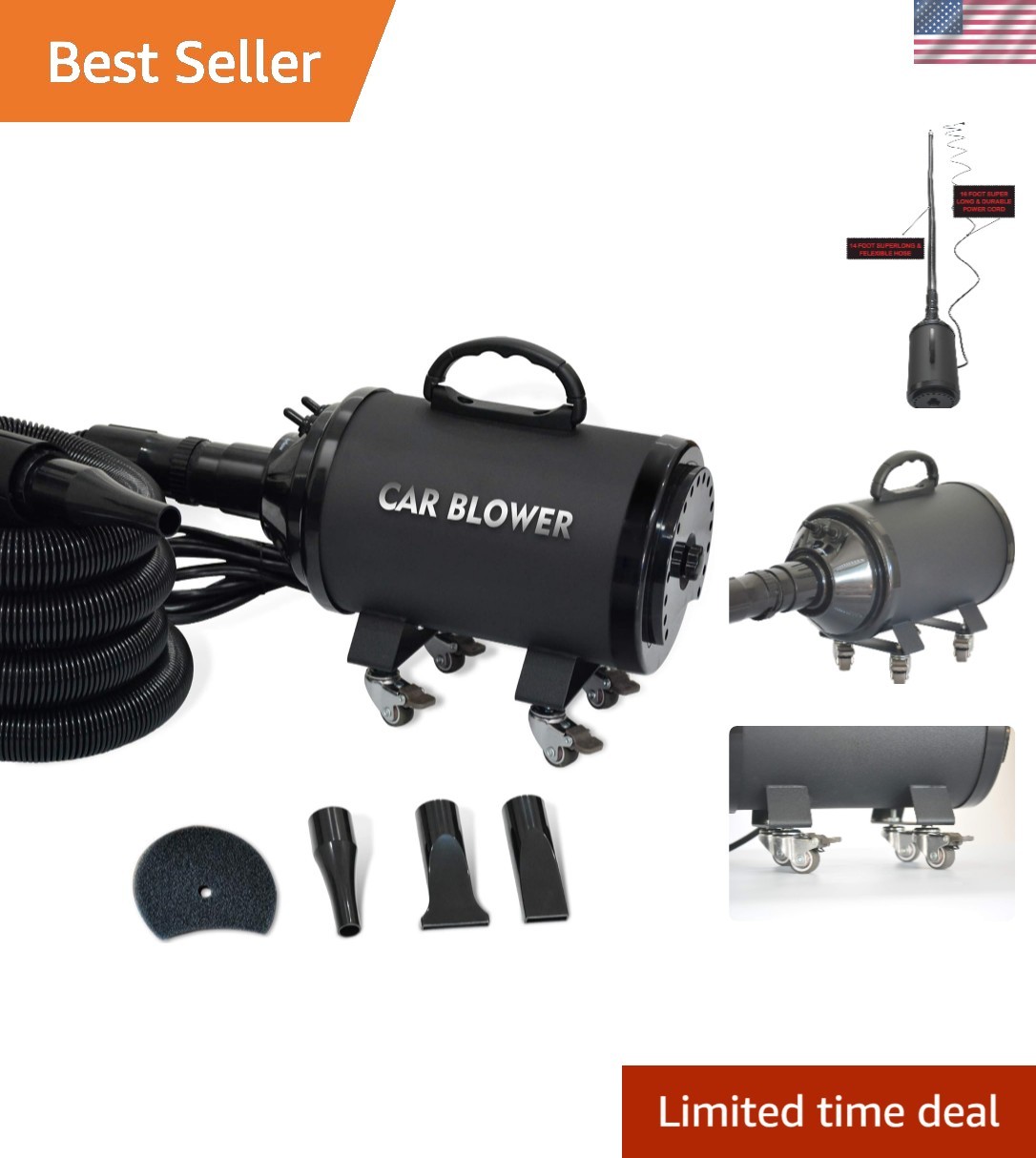 Powerful Motorcycle & Car Dryer with 14 Foot Flexible Hose & Wheels – for Aut…