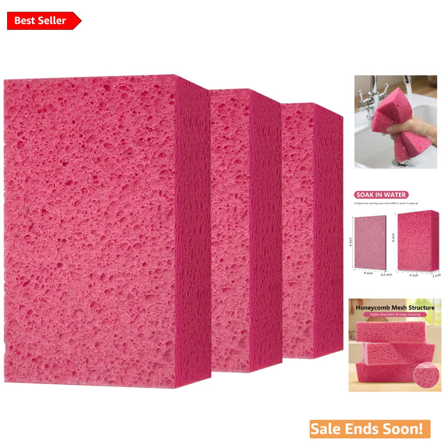 Large Pink Multi-Purpose Cleaning Sponges for Car Kitchen Bathroom 3 Pack