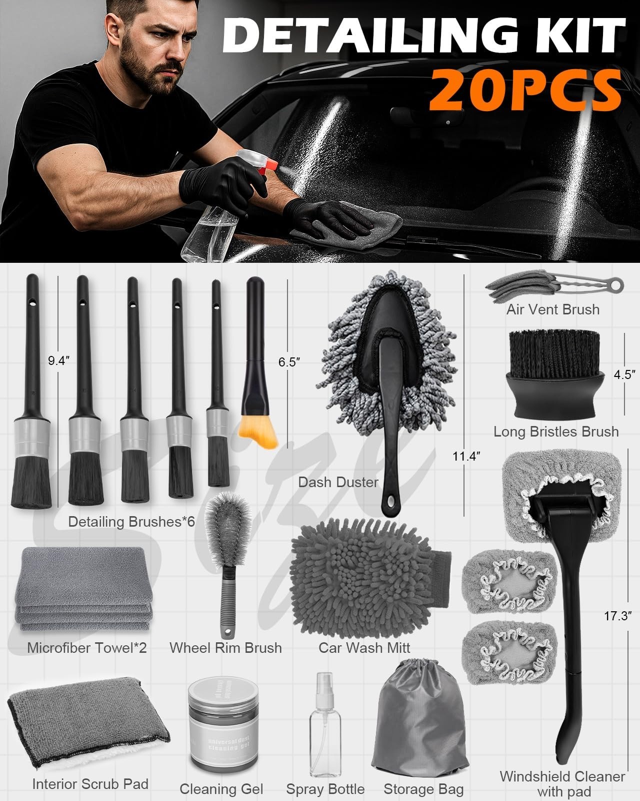 20Pcs Car Interior Cleaning Kit – Windshield Cleaner, Microfiber Mitt & Scrubber