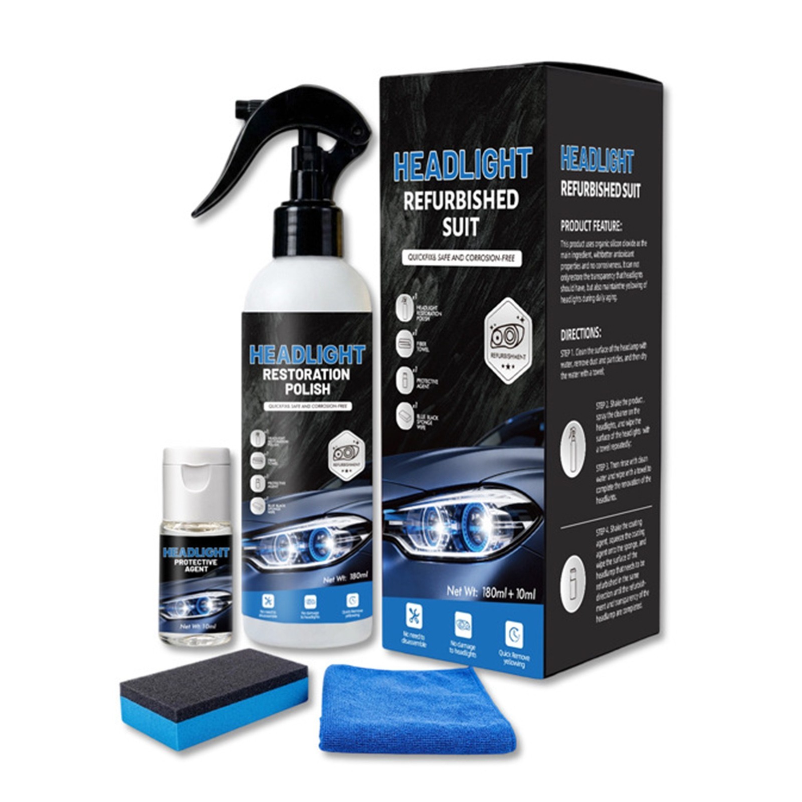 Automotive Headlight Restoration Kit, Fix Yellowed Oxidized Cloudy Lamps 180ml