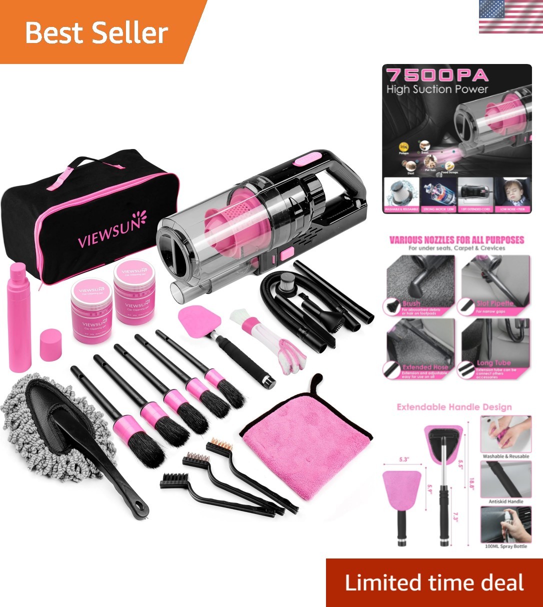 17pcs Car Cleaning Kit, Pink Car Interior Detailing Kit with High Power Handh…
