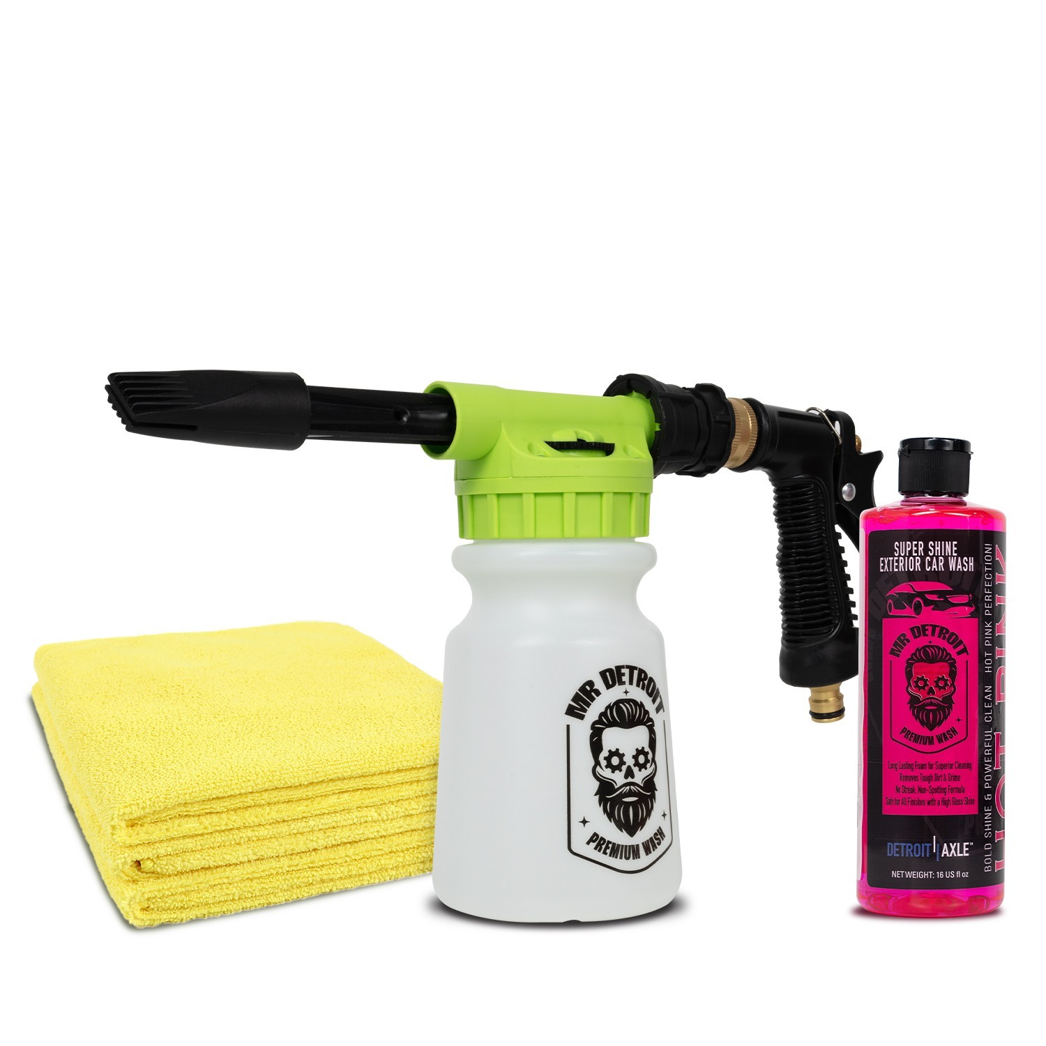 Mr. Detroit – 3pc Pro Car Wash Kit w/Foam Blaster + 16oz Soap + Microfiber Towel