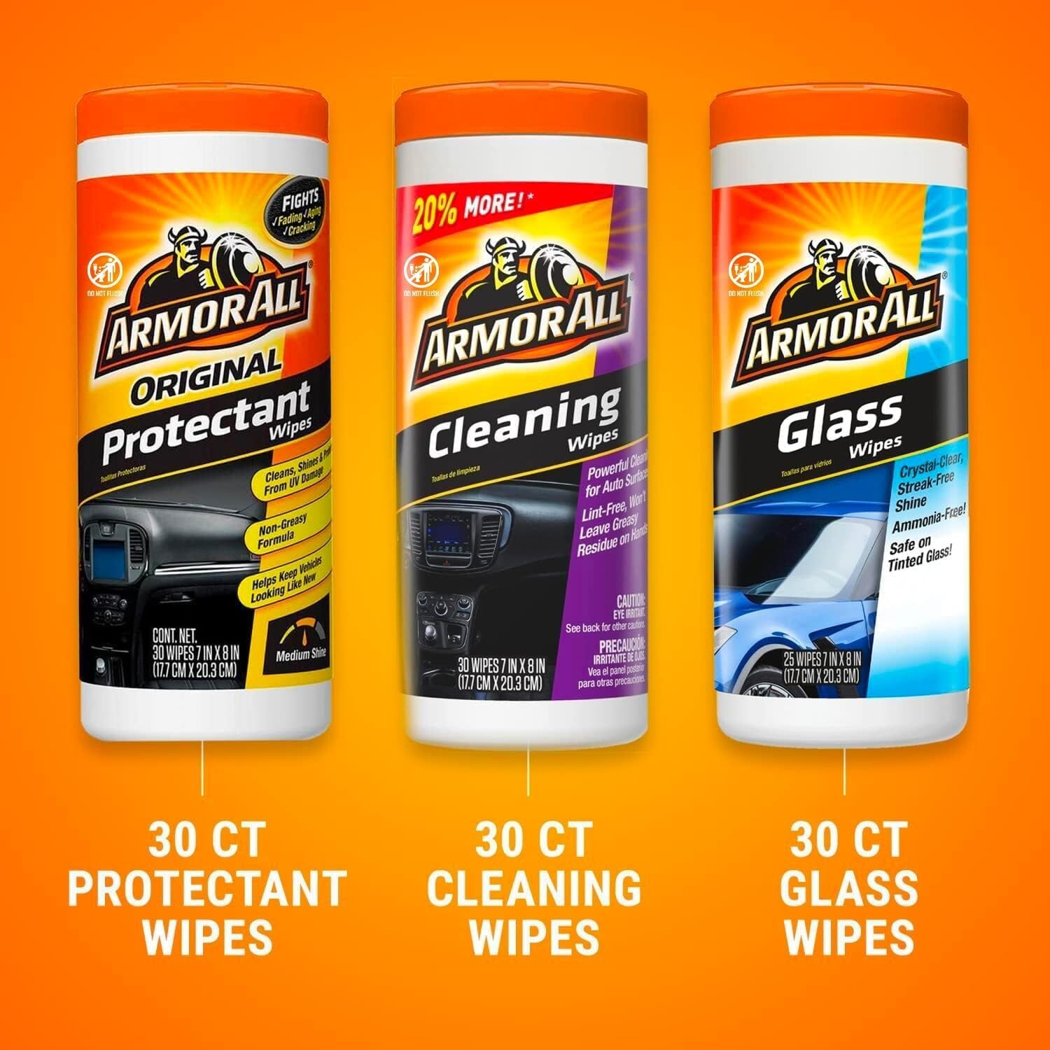 Armor All 3-Pack Car Wipes Kit – Protectant, Cleaning & Glass (90 Count Total)