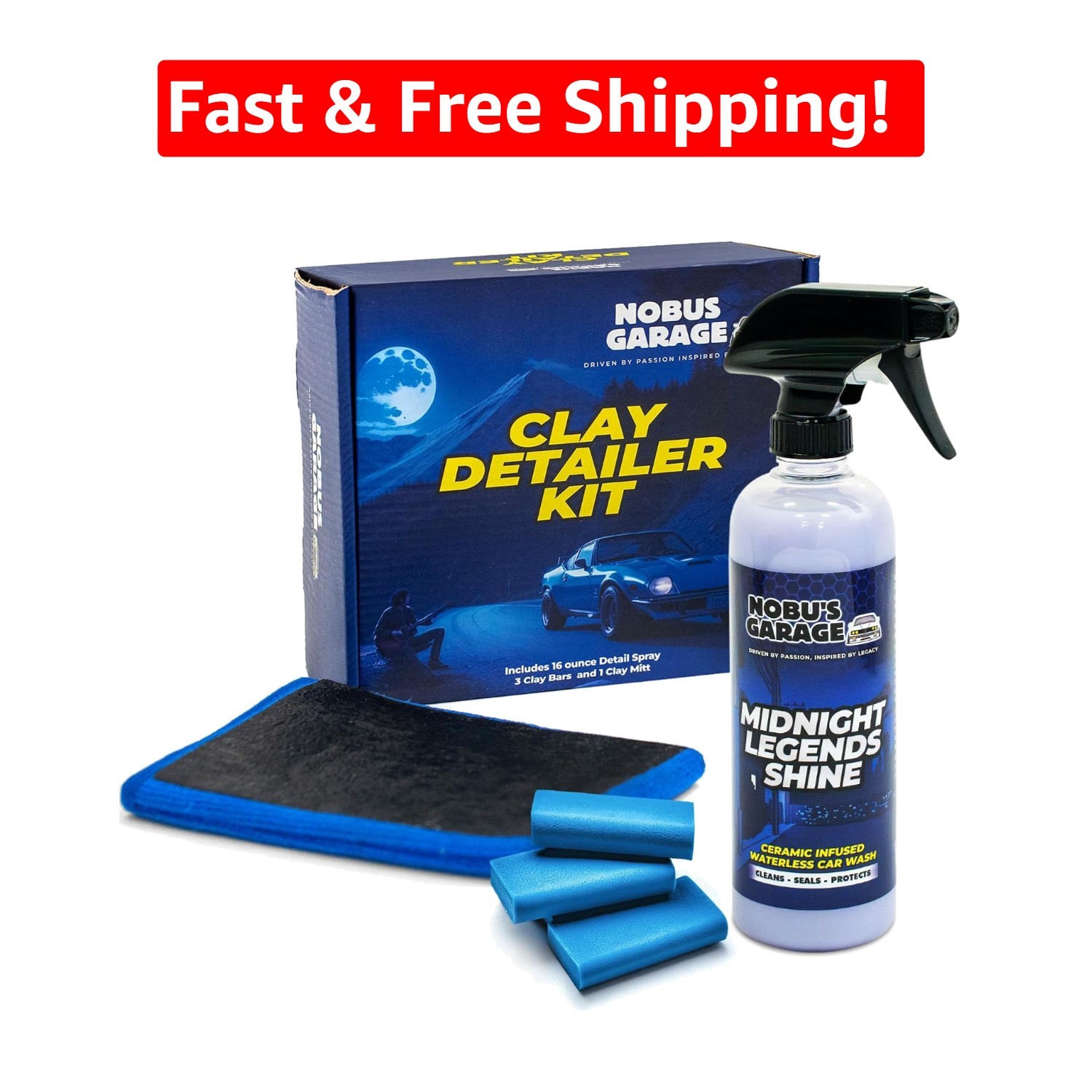 All-in-One Car Detail Kit – Clay Mitt, 3 Bars & Waterless Ceramic Spray 16 Fl Oz