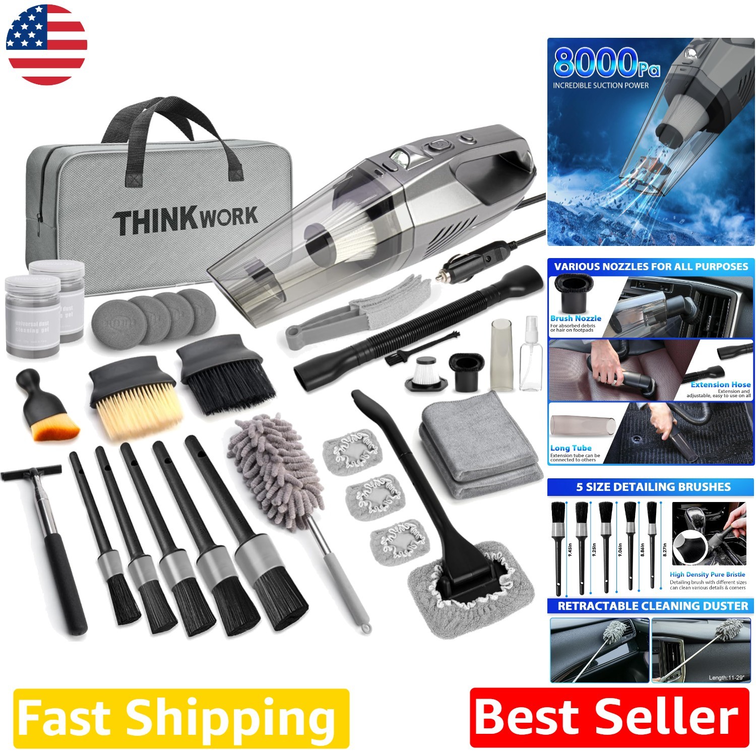 Complete Car Cleaning Kit for Men: 31pc w/ Powerful Vacuum, Detailing Brushes