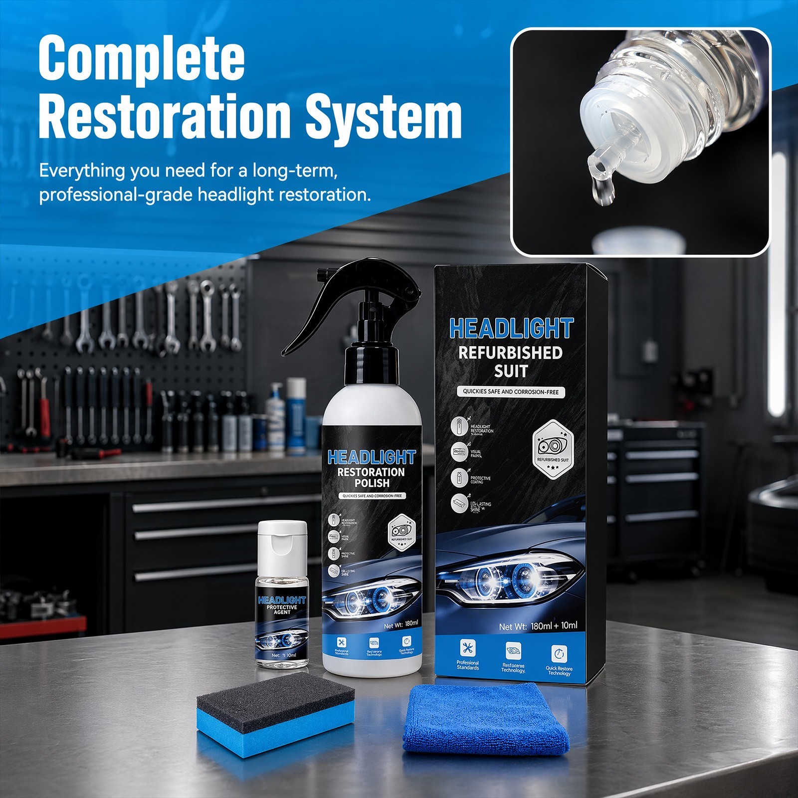 Automotive Headlight Restoration Kit, Fix Yellowed Oxidized Cloudy Lamps 180ml