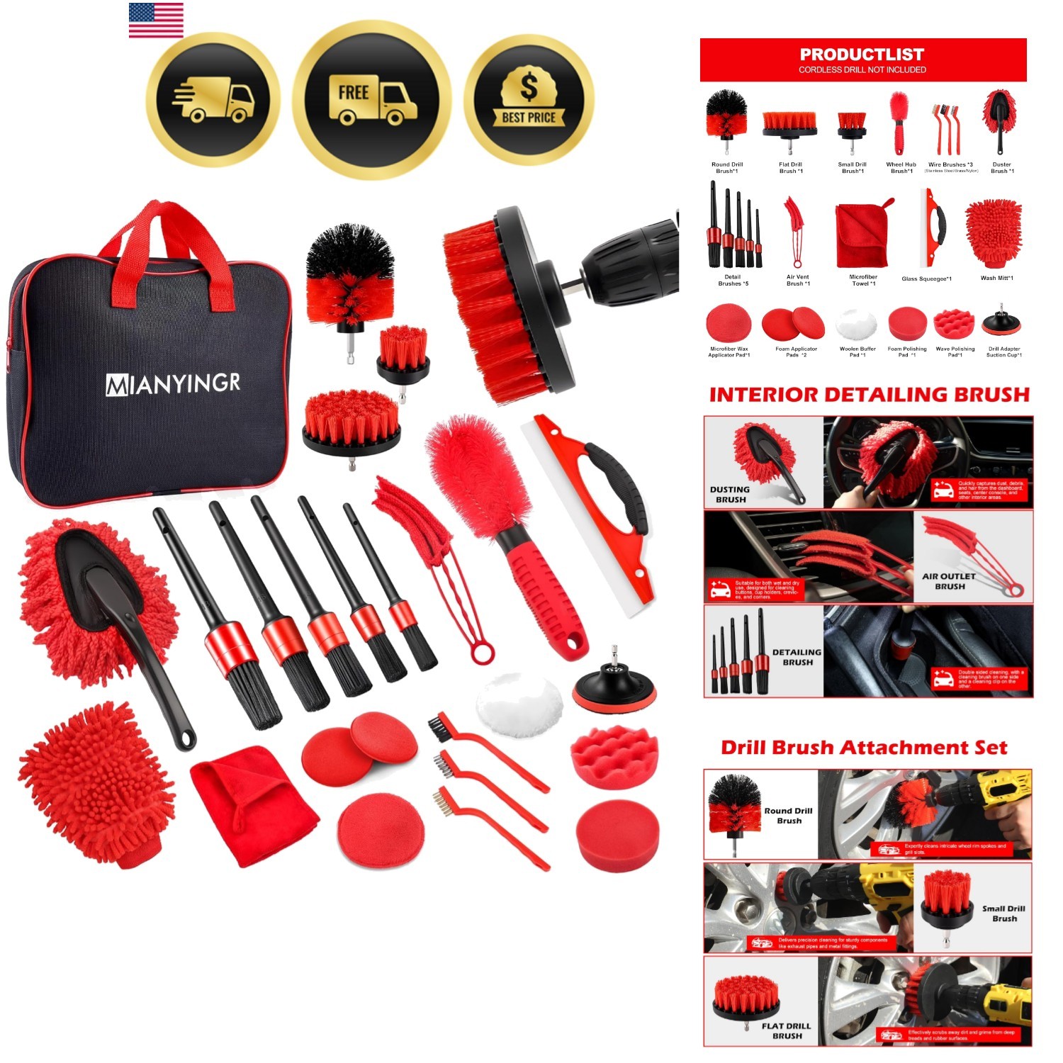 Car Detailing Kit 25PCS Auto Cleaning Accessories Drill Brushes Polishing Pads