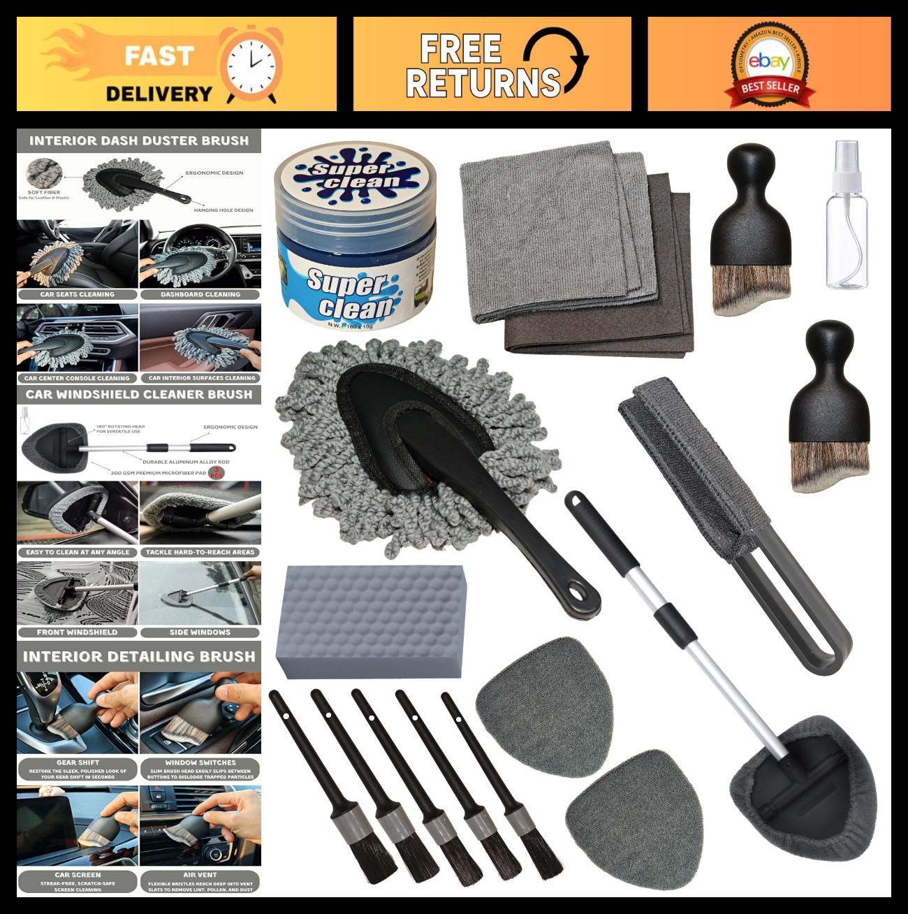 18Pcs Car Interior Detailing Kit – All-in-One Cleaning Tools for Windows, Vents