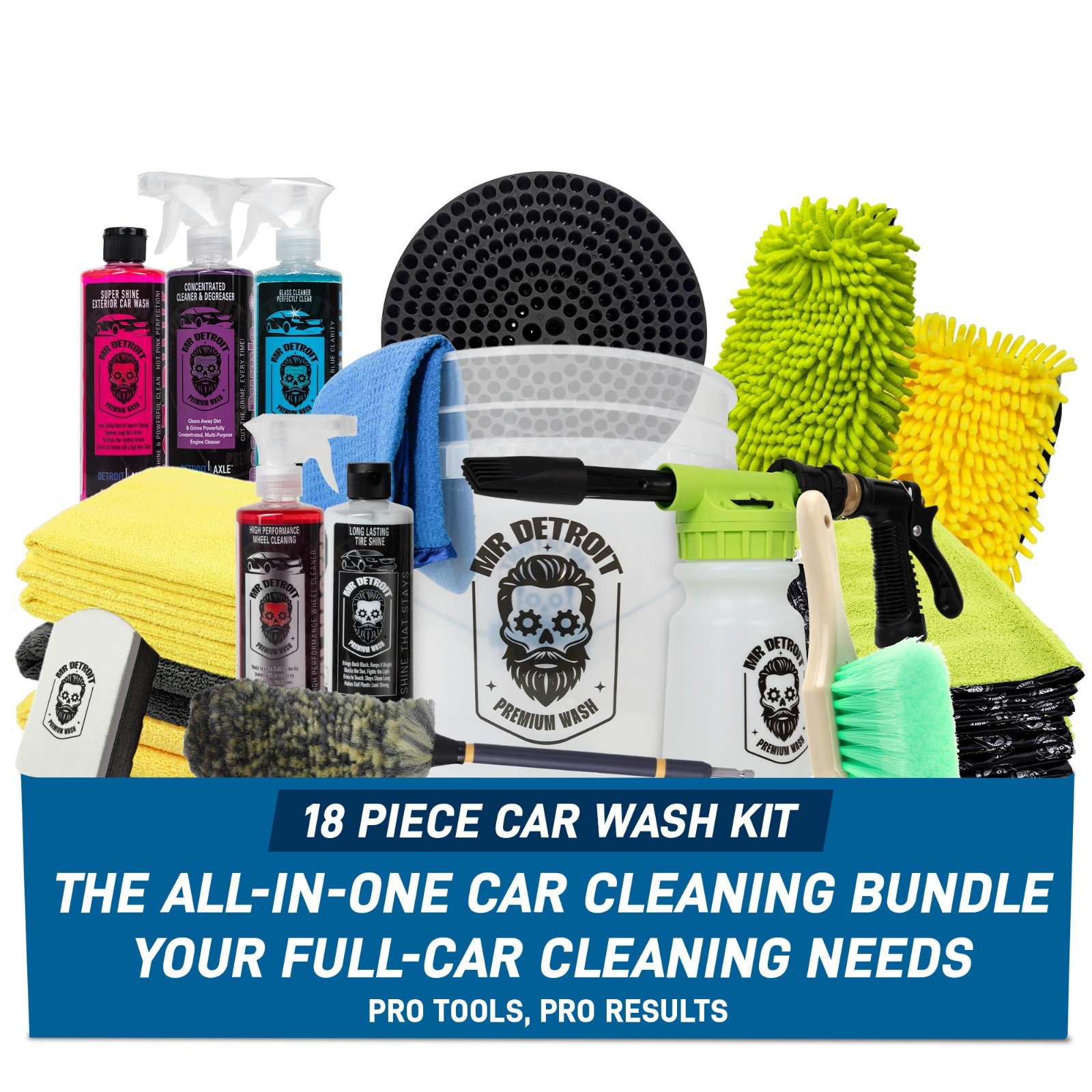 Mr. Detroit – 18pc Car Wash & Detailing Kit with Foam Blaster, Cleaner & Bucket