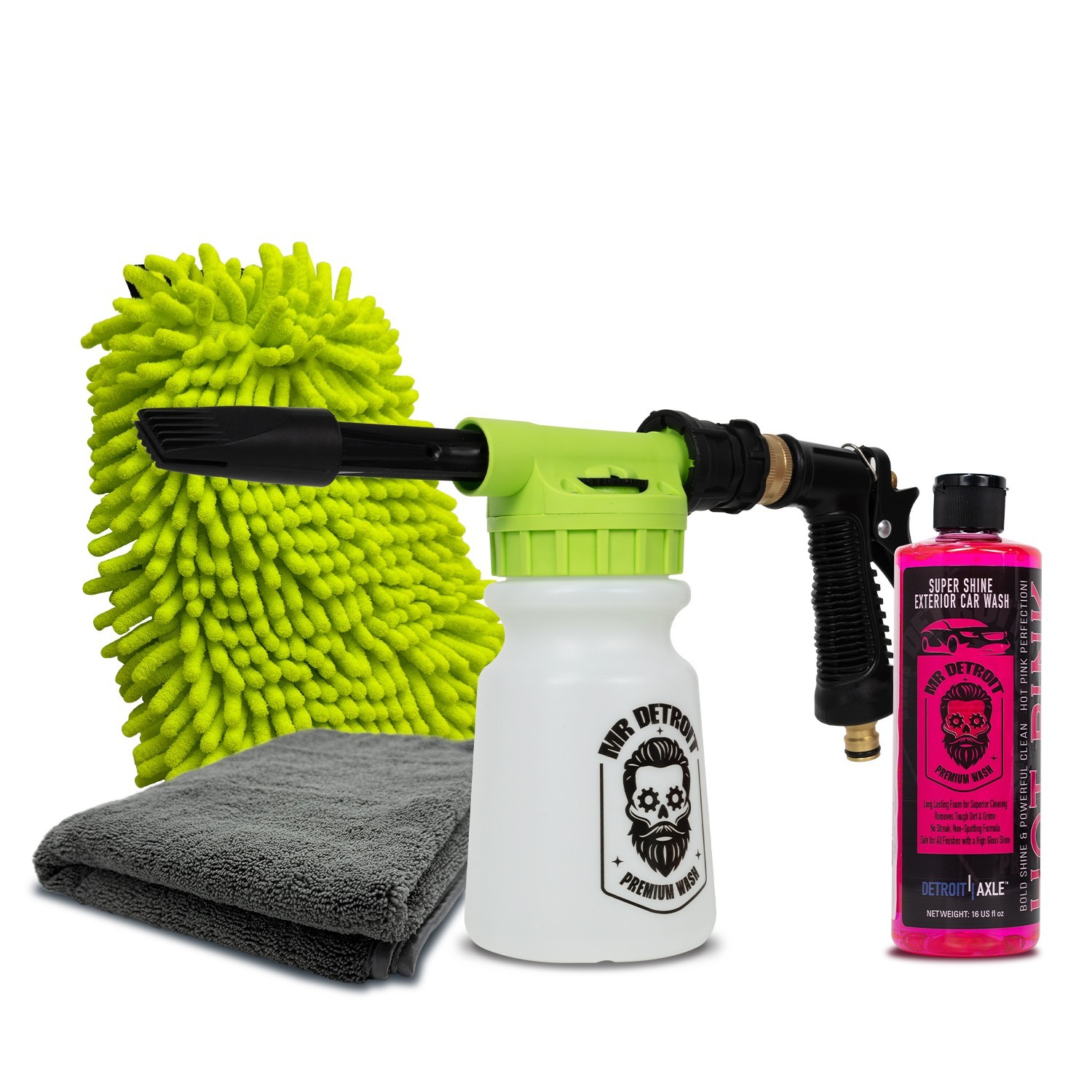 Mr. Detroit – 4pc Foam Car Wash Kit w/Blaster, 16oz Soap, Mitt & XL Drying Towel