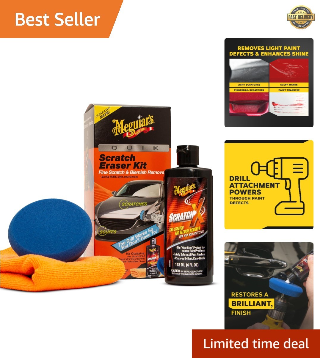 All-in-One Car Scratch Eraser Set with Microfiber Towel & Drill Pad for DIY Care