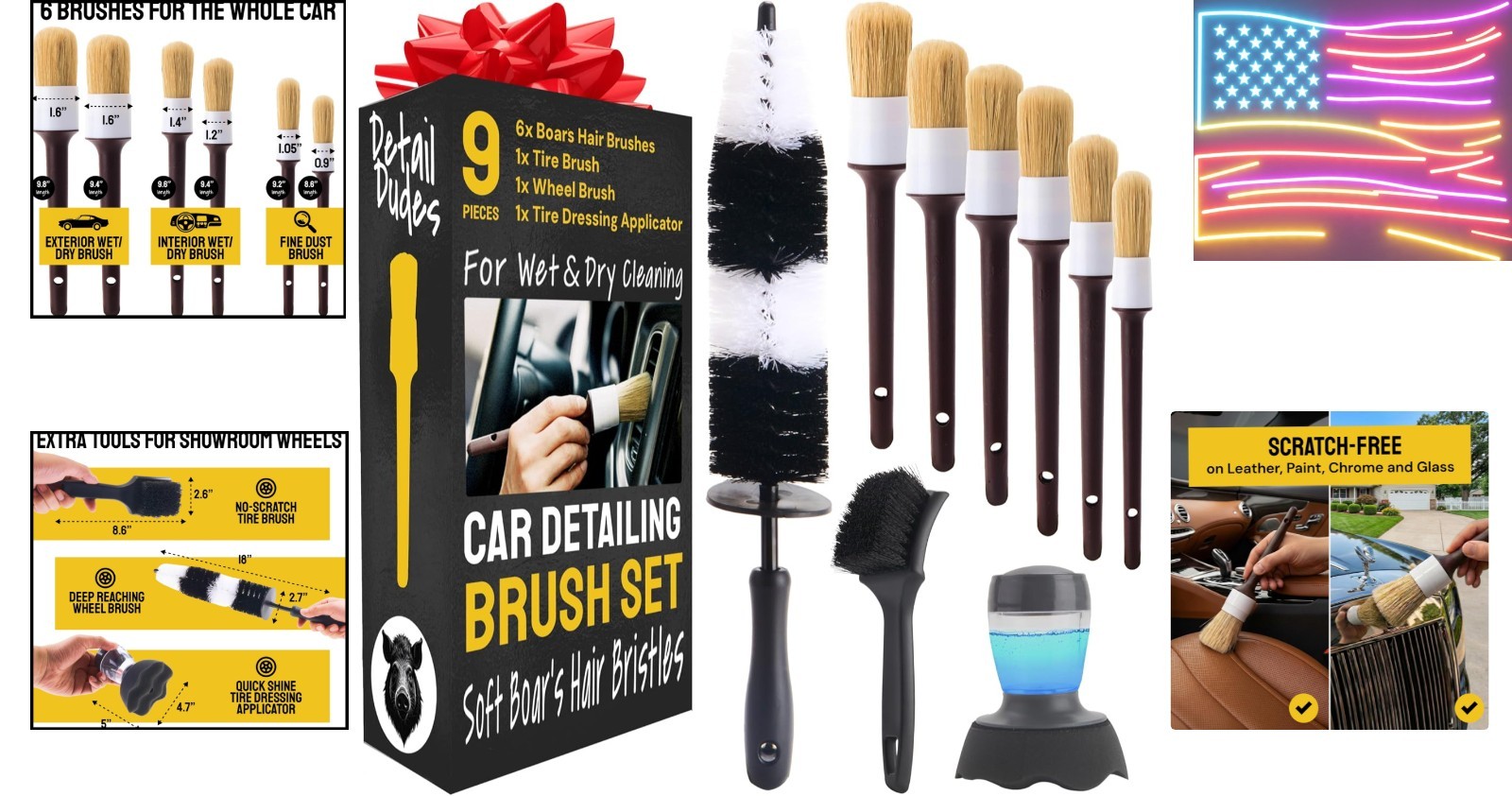 Car Detailing Brush Set 9-pc – Boars Hair Brushes Plus Wheel Cleaner, Tire Br…