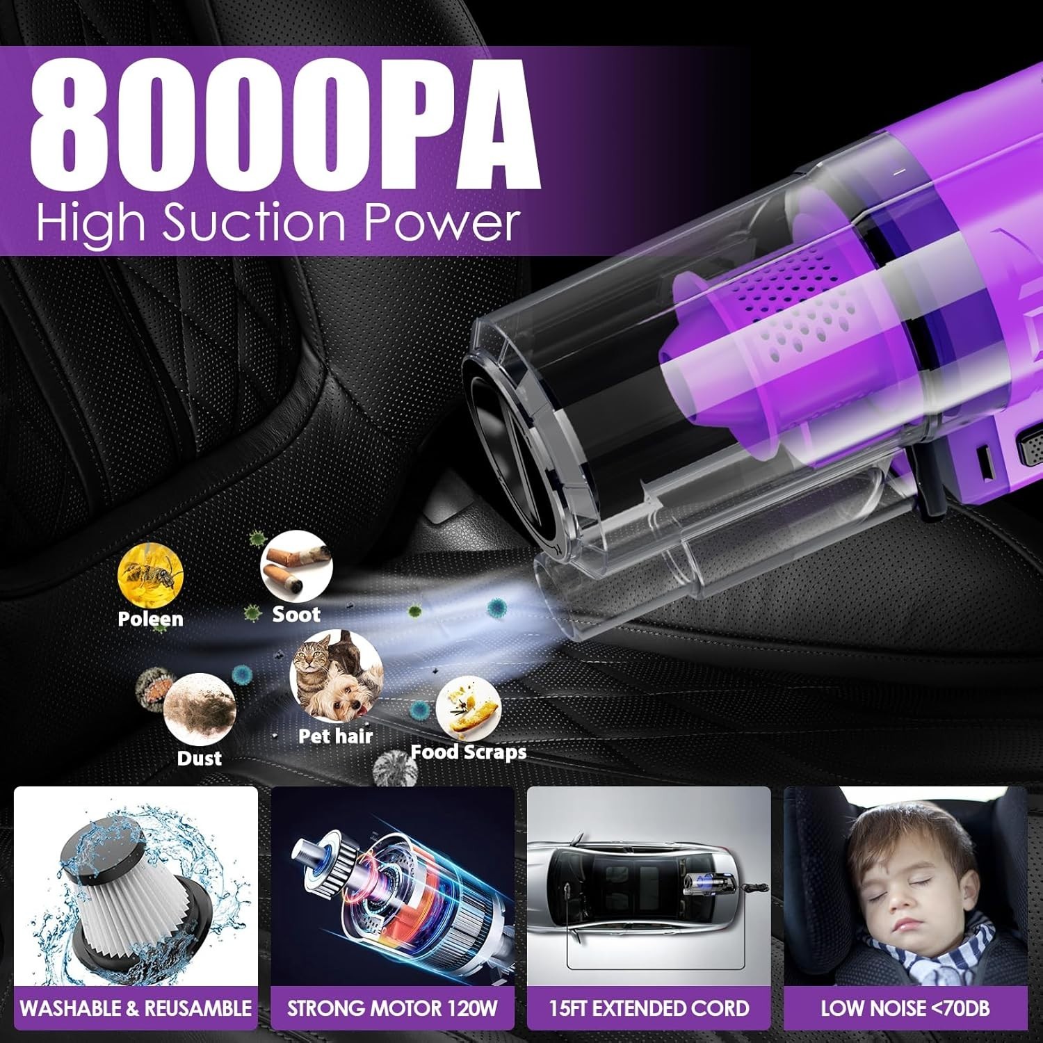 Effortless Car Cleaning with 17PCS Purple Detail Kit & High Power Vacuum Cleaner